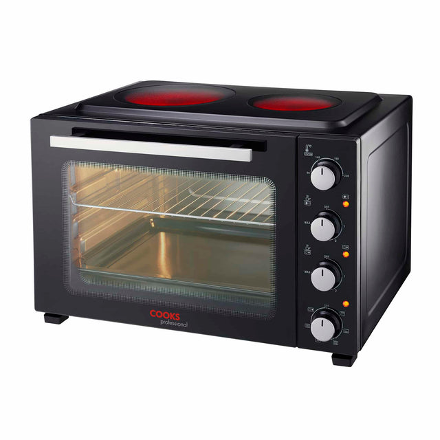 Cooks Professional Mini Oven | 48 Litre with 2 Ceramic Hobs | 1800W Oven | 1000W and 1500W Ceramic Hobs | Black/Silver