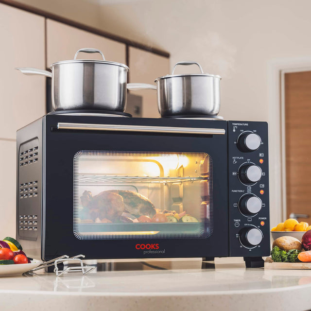 Cooks Professional Mini Oven | 28 Litre with 2 Hobs | Powerful 3200W | Black and Silver