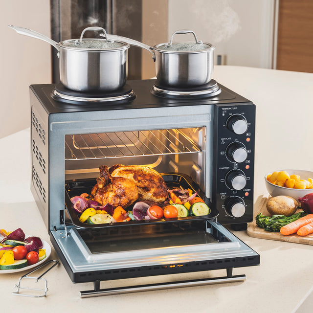 Cooks Professional Mini Oven | 28 Litre with 2 Hobs | Powerful 3200W | Black and Silver