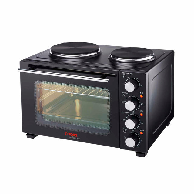 Cooks Professional Mini Oven | 28 Litre with 2 Hobs | Powerful 3200W | Black and Silver