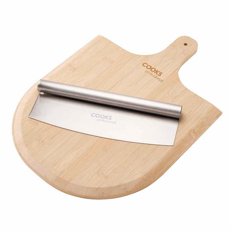Cooks Professional Pizza Board and Cutter Set | Bamboo Cutting Board | Stainless Steel Rocking Pizza Cutter