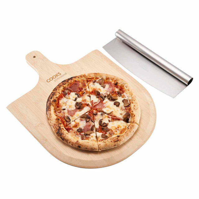 Cooks Professional Pizza Board and Cutter Set | Bamboo Cutting Board | Stainless Steel Rocking Pizza Cutter