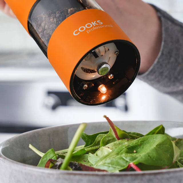 Cooks Professional Electric Salt and Pepper Mill Set with Bamboo Base | Orange