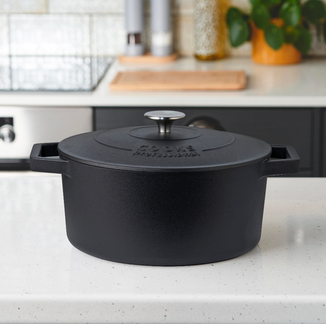 Cooks Professional Cast Iron Casserole Set of 3 | 20cm, 26cm and 28cm | Enamelled Inside and Out | Matte Black