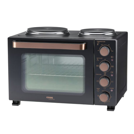 Cooks Professional Mini Oven | 28 Litre with 2 Hobs | Powerful 3200W | Black and Copper