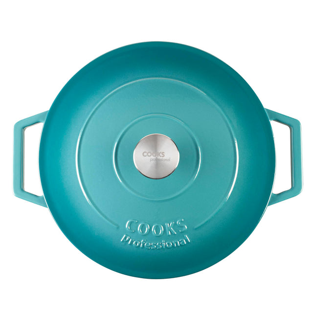 Cooks Professional Cast Iron Casserole 28cm Shallow | 4.3L Capacity | Enamelled Inside and Out | Graduated Teal