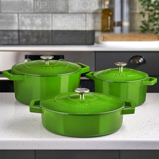 Cooks Professional Cast Iron Casserole Set of 3 | 20cm, 26cm and 28cm | Enamelled Inside and Out | Graduated Green