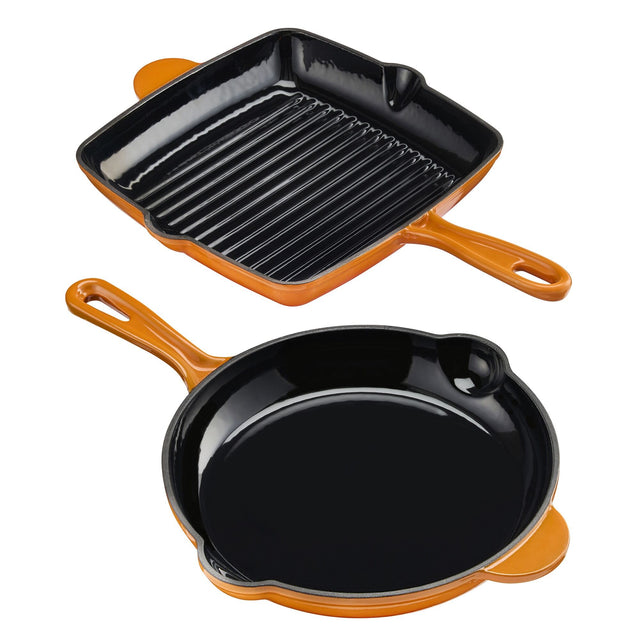 Cook Professional Cast Iron Frying Pan & Skillet 2 Piece Set | Orange