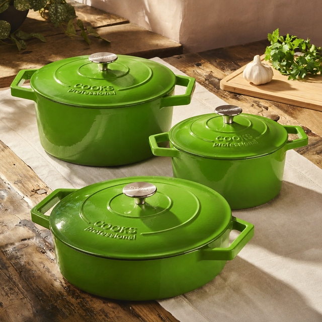 Cooks Professional Set of 3 Cast Iron Casserole | 20cm, 26cm and 28cm | Graduated Green