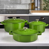 Cooks Professional Cast Iron Casserole Set of 3 | 20cm, 26cm and 28cm | Enamelled Inside and Out | Graduated Green
