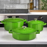 Cooks Professional Cast Iron Casserole Set of 3 | 20cm, 26cm and 28cm | Enamelled Inside and Out | Graduated Green