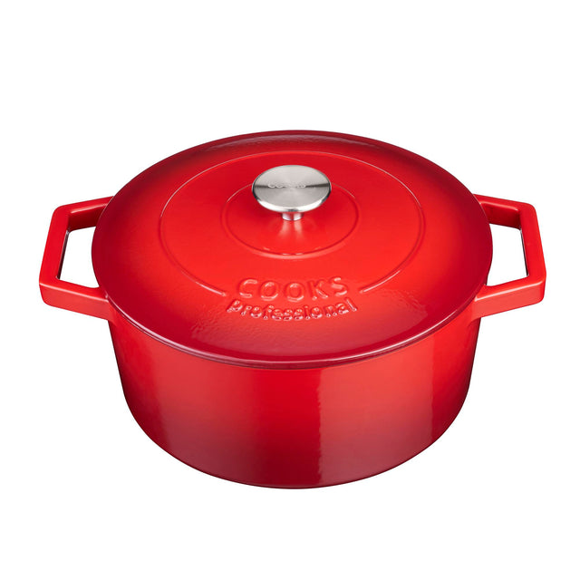 Cooks Professional Cast Iron Casserole 26cm | 5.8L Capacity | Enamelled Inside and Out | Graduated Red