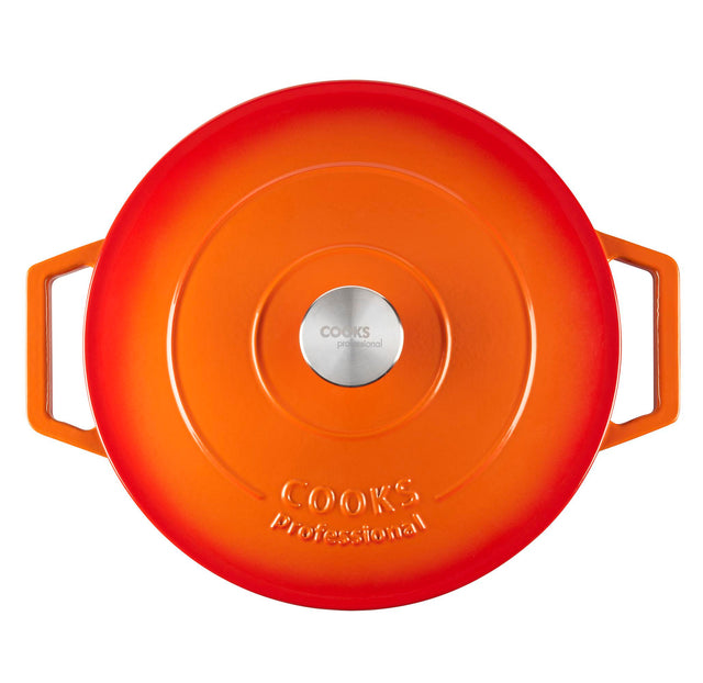 Cooks Professional Cast Iron Casserole 28cm Shallow | 4.3L Capacity | Enamelled Inside and Out | Graduated Orange