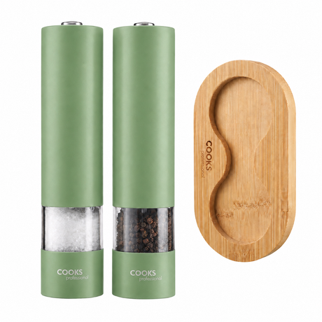 Cooks Professional Electric Salt and Pepper Mill Set with Bamboo Base | Green