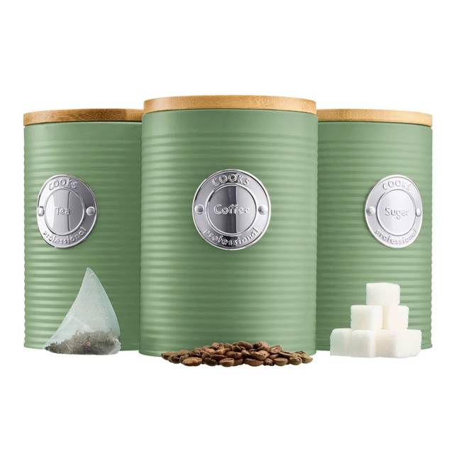 Cooks Professional 3 Piece Kitchen Storage Set with Bamboo Lids | Green / Silver