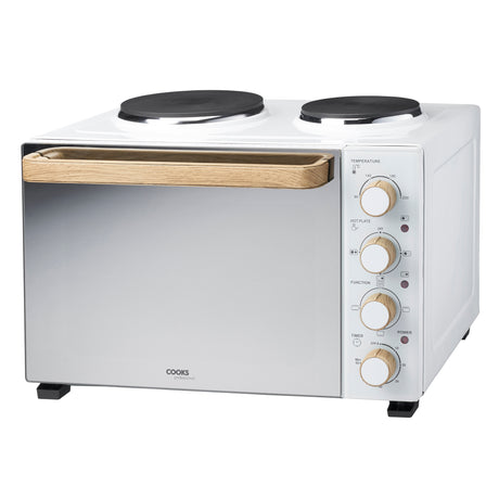 Cooks Professional Mini Oven 34 Litre with 2 Hobs | 34 Litre | Powerful 1500W | White Nordic