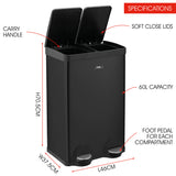 Cooks Professional Dual Recycle Kitchen Pedal Bin 60L | Dual Pedal | 2 x 30L Removable Compartments | Black