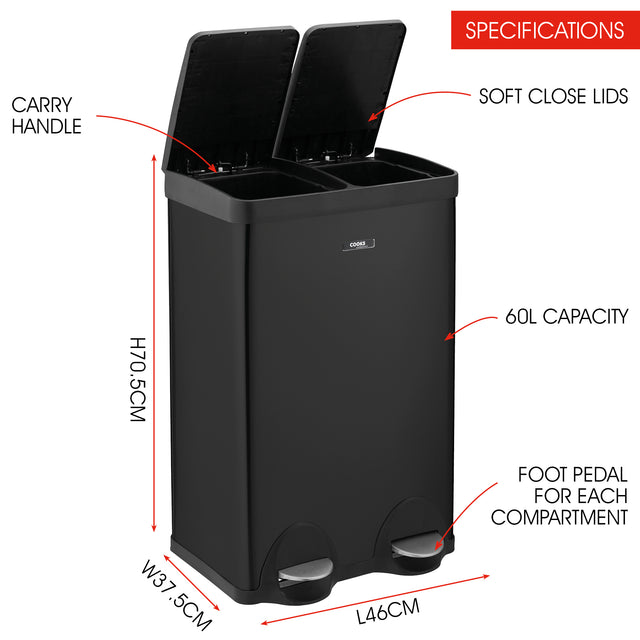Cooks Professional Dual Recycle Kitchen Pedal Bin 60L | Dual Pedal | 2 x 30L Removable Compartments | Black