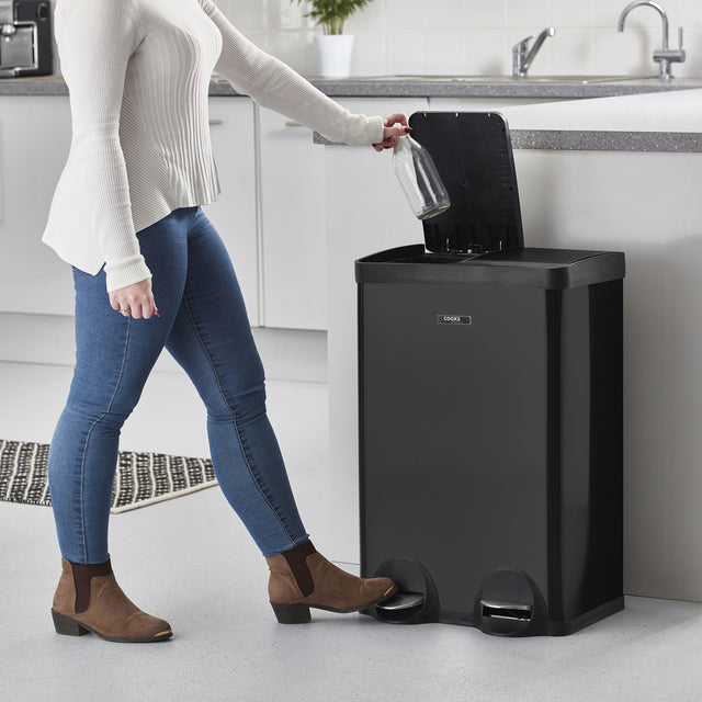 Cooks Professional Dual Recycle Kitchen Pedal Bin 60L | Dual Pedal | 2 x 30L Removable Compartments | Black