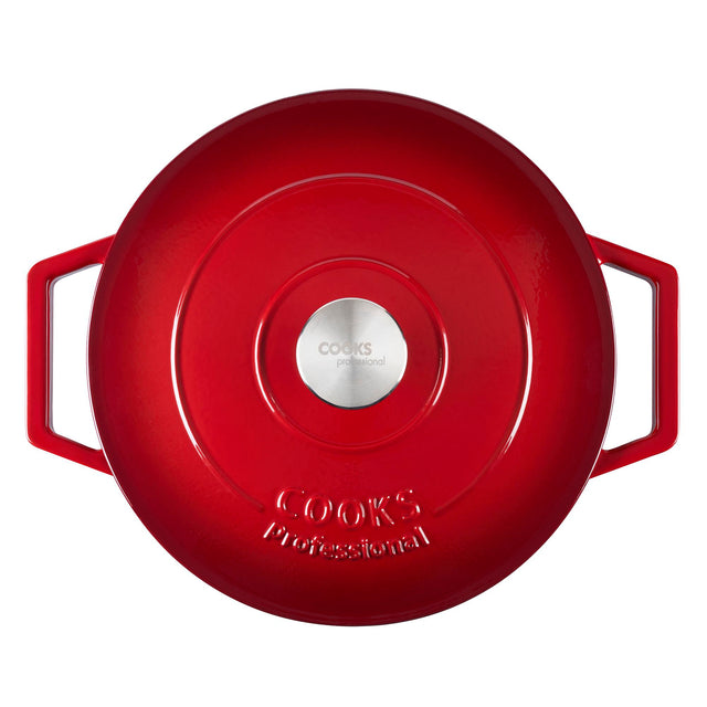 Cooks Professional Cast Iron Casserole 26cm | 5.8L Capacity | Enamelled Inside and Out | Graduated Red
