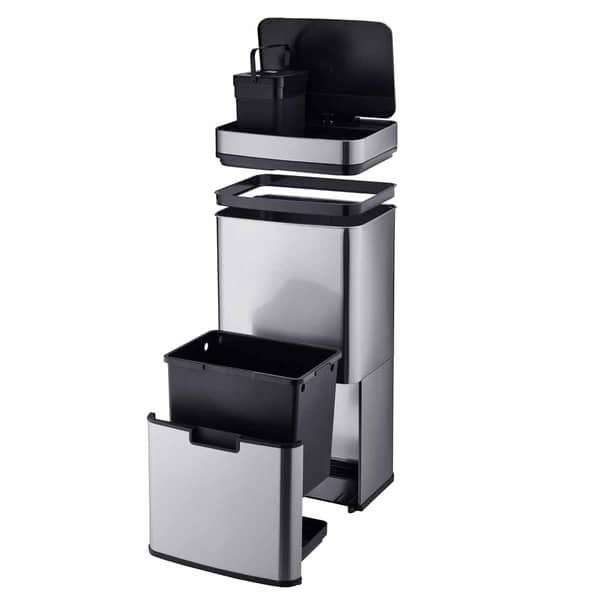 Cooks Professional Recycling Sensor Bin | 75L | 3 Compartments plus Food Caddy | Stainless Steel | Silver