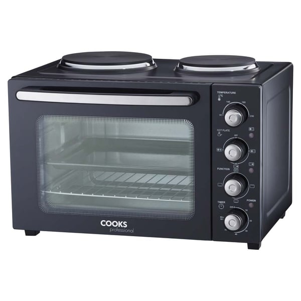 Cooks Professional Mini Oven with 2 Hobs | 34 Litre | Powerful 1500W | Black and Silver
