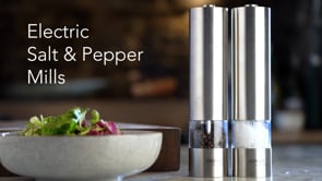 Cooks Professional Electric Salt and Pepper Mill Set with Bamboo Base | Adjustable Grind Settings | Simple One-Button Operation | Red / Bamboo