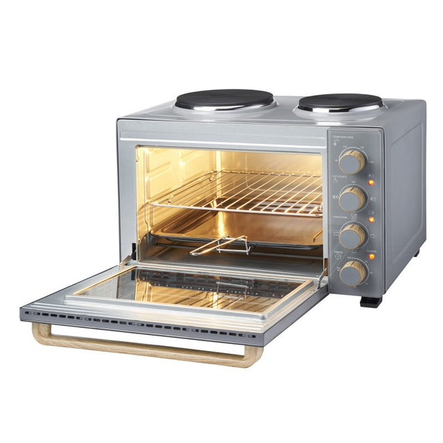 Cooks Professional Mini Oven 34 Litre with 2 Hobs | 3 Cooking Functions | Powerful 1500W | Grey Nordic