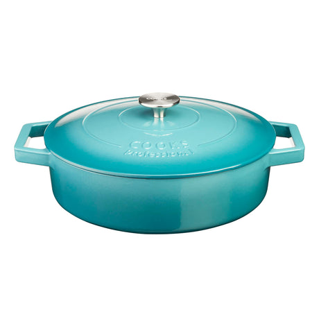 Cooks Professional Cast Iron Casserole 28cm Shallow | 4.3L Capacity | Enamelled Inside and Out | Graduated Teal