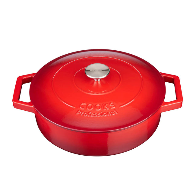 Cooks Professional Cast Iron Casserole 28cm Shallow | 4.3L Capacity | Enamelled Inside and Out | Graduated Red