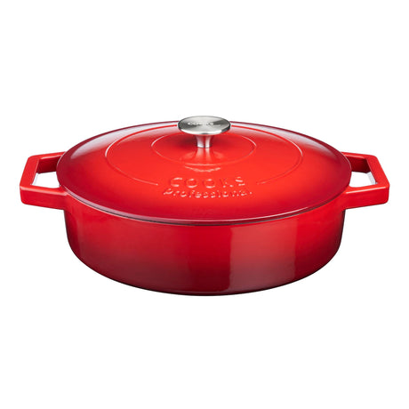 Cooks Professional Cast Iron Casserole 28cm Shallow | 4.3L Capacity | Enamelled Inside and Out | Graduated Red