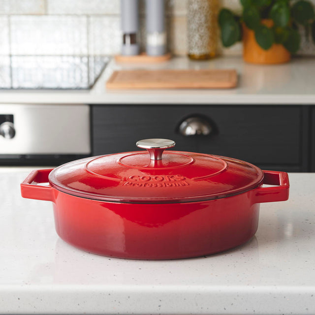 Cooks Professional Cast Iron Casserole 28cm Shallow | 4.3L Capacity | Enamelled Inside and Out | Graduated Red