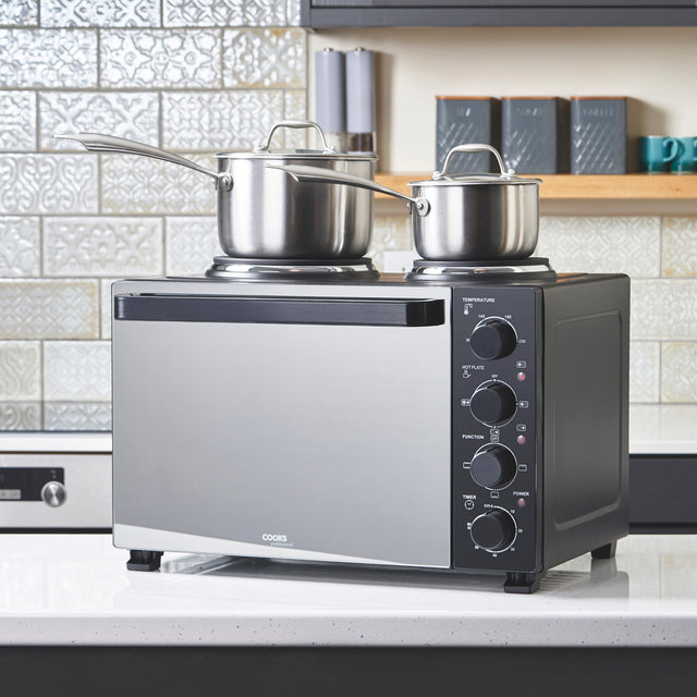 Cooks Professional Mini Oven 34 Litre with 2 Hobs | 34 Litre | Powerful 1500W | Black Contemporary