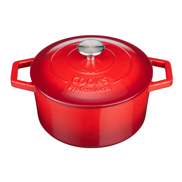 Cooks Professional Cast Iron Casserole 20cm | 2.8L Capacity | Enamelled Inside and Out | Graduated Red