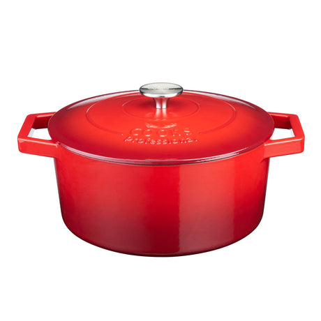 Cooks Professional Cast Iron Casserole 26cm | 5.8L Capacity | Enamelled Inside and Out | Graduated Red