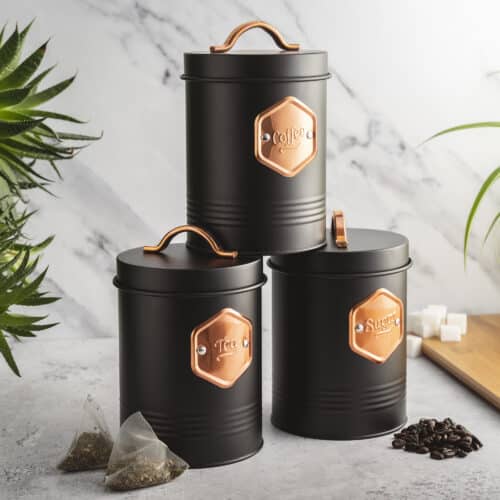 Kitchen Storage Canister Set 3 Piece Tin Containers for Tea, Coffee & Sugar  with Silver Detailing (Black/Silver) - Cooks Professional