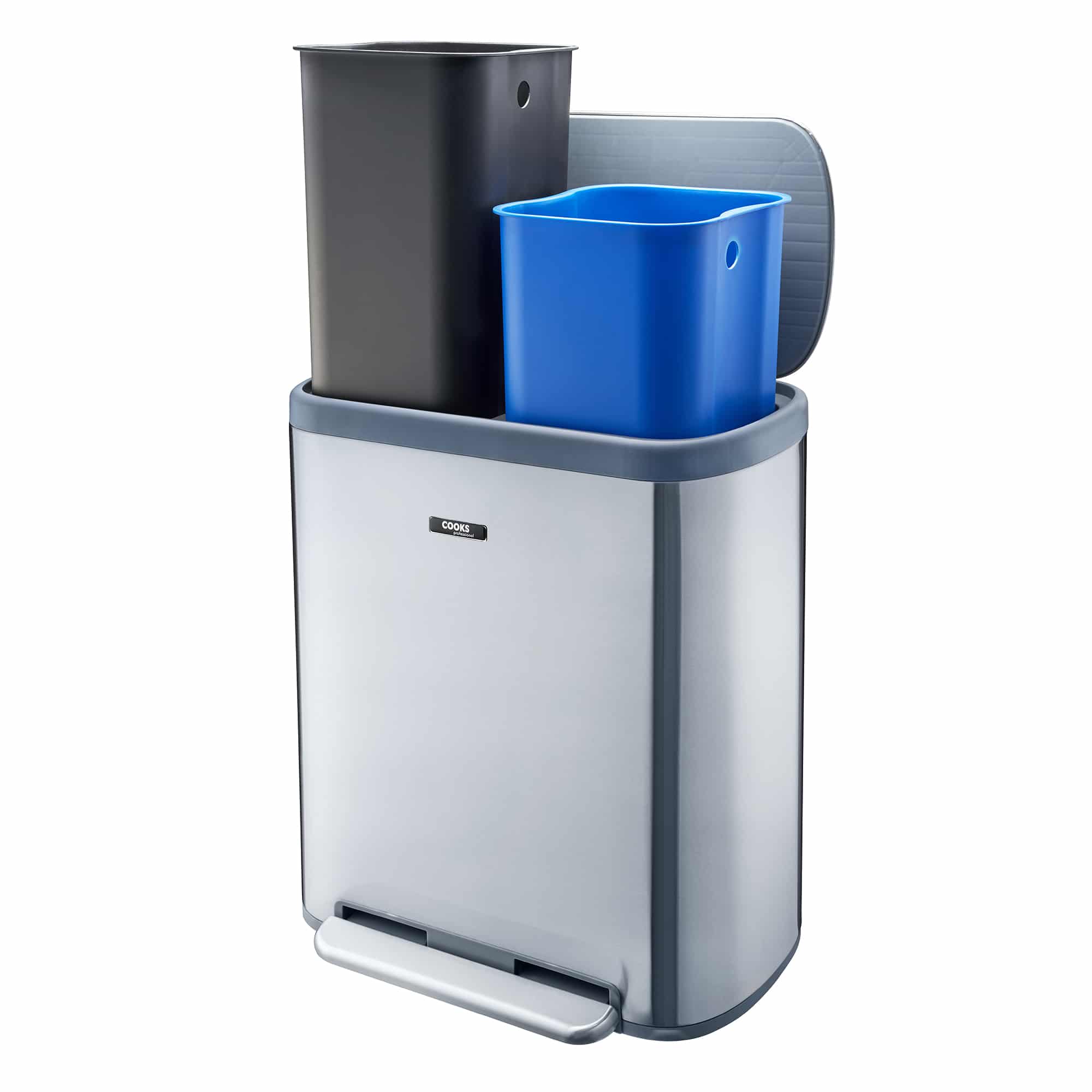 Cooks Professional Dual Recycle Kitchen Pedal Bin 60L, Dual Pedal, 2 x  30L Removable Compartments