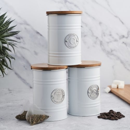 Kitchen Storage Canister Set 3 Piece Tin Containers for Tea, Coffee & Sugar  with Silver Detailing White silver - Cooks Professional