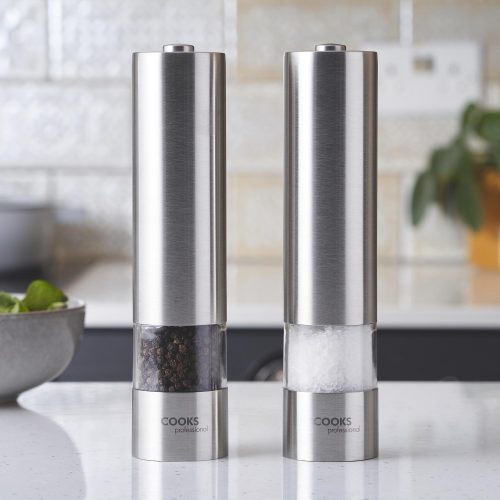 Cooks Professional Electric Salt and Pepper Mill Set | Adjustable Grind Settings | Simple One-Button Operation | Stainless Steel